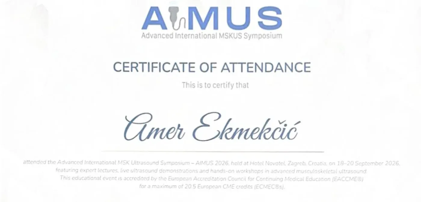 Certifikat Amera Ekmekčića s AIMUS simpozijuma 2026.